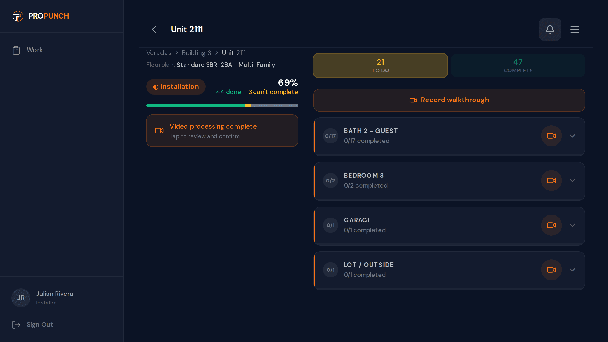 ProPunch checklist showing pass/fail items organized by room