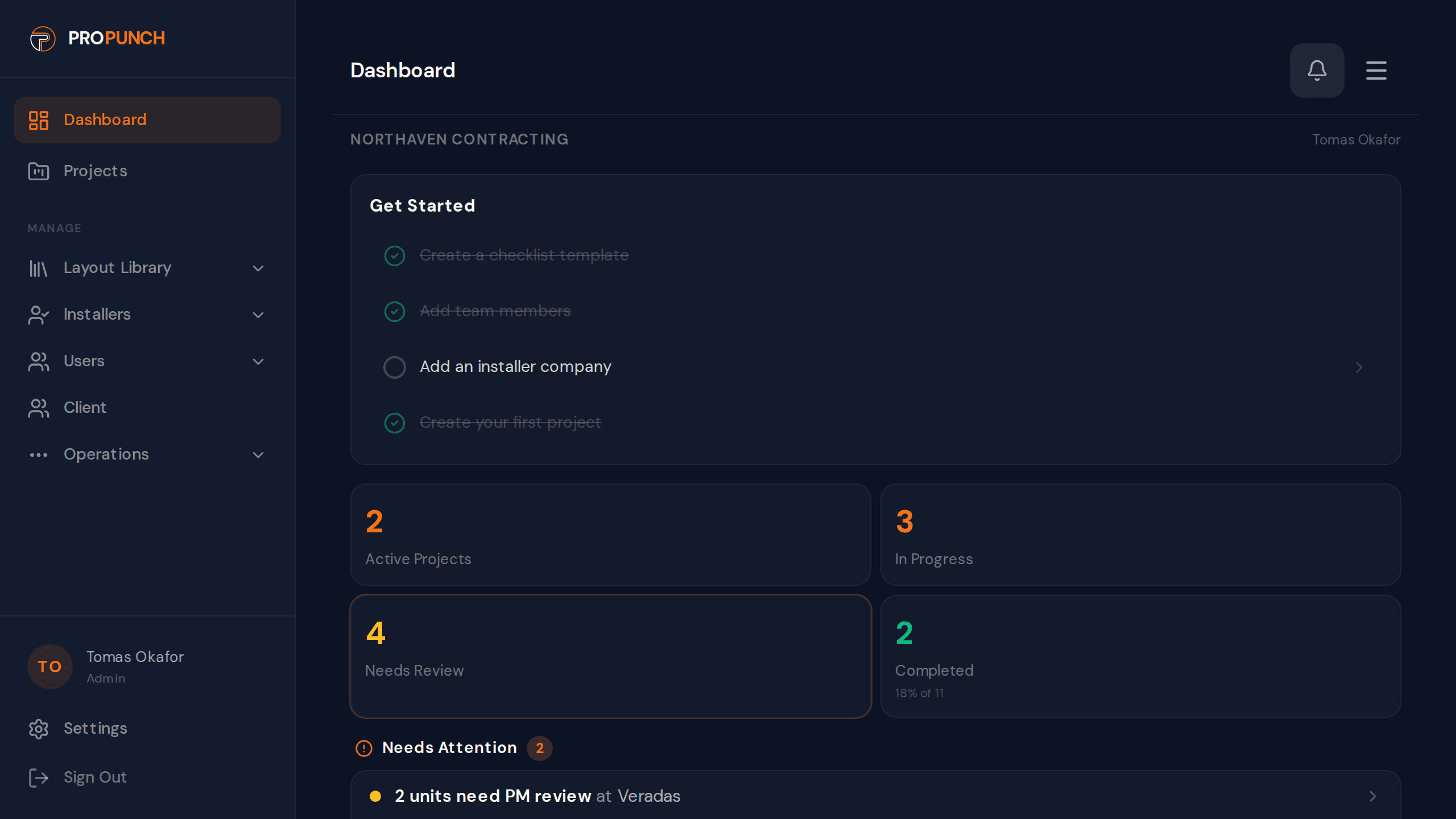 Admin dashboard showing project overview, status counts, and recent activity