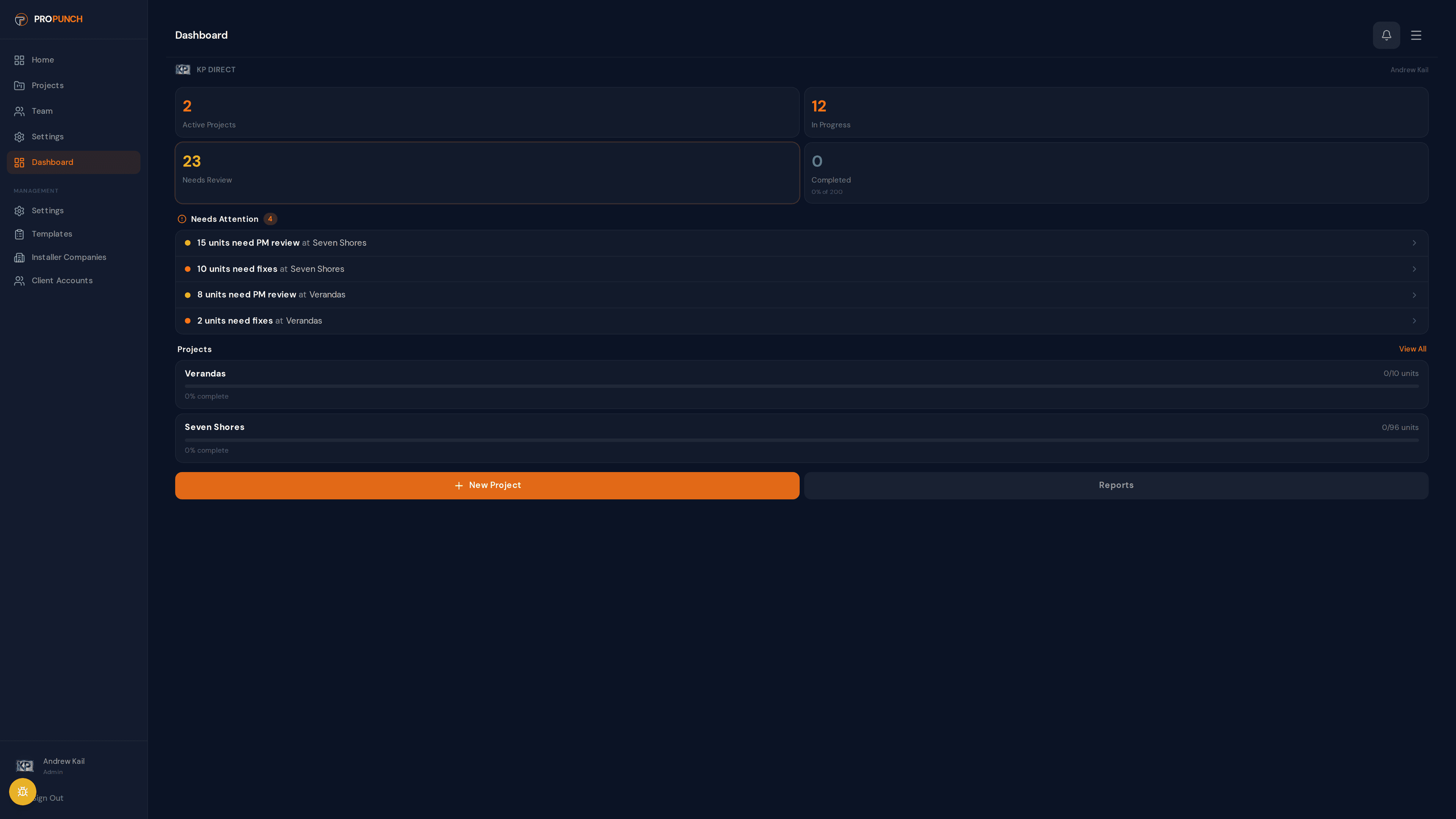 Admin dashboard showing project overview, status counts, and recent activity