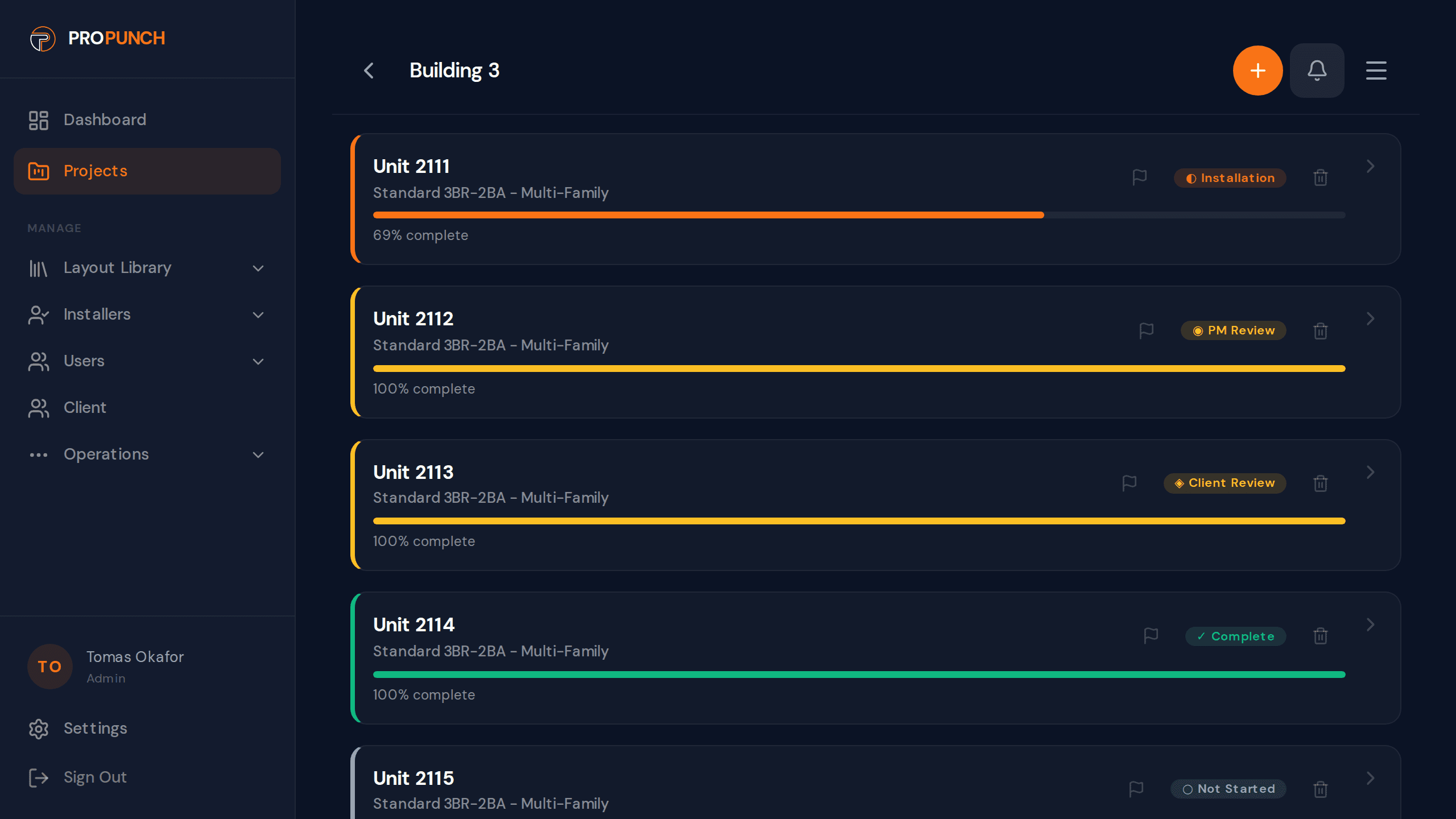 Project view showing unit cards with installer company assignments and progress