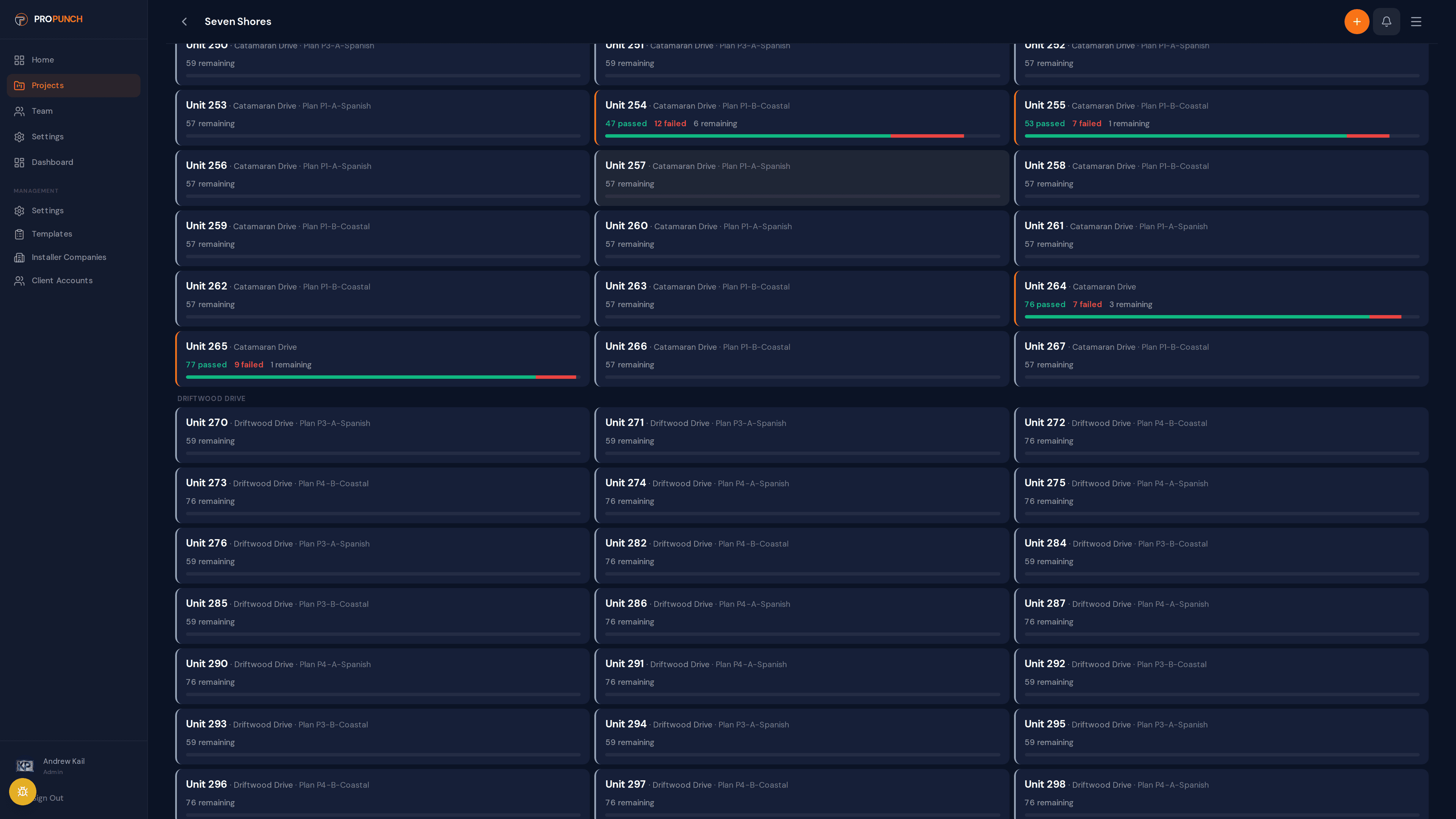 Project view showing unit cards with installer company assignments and progress