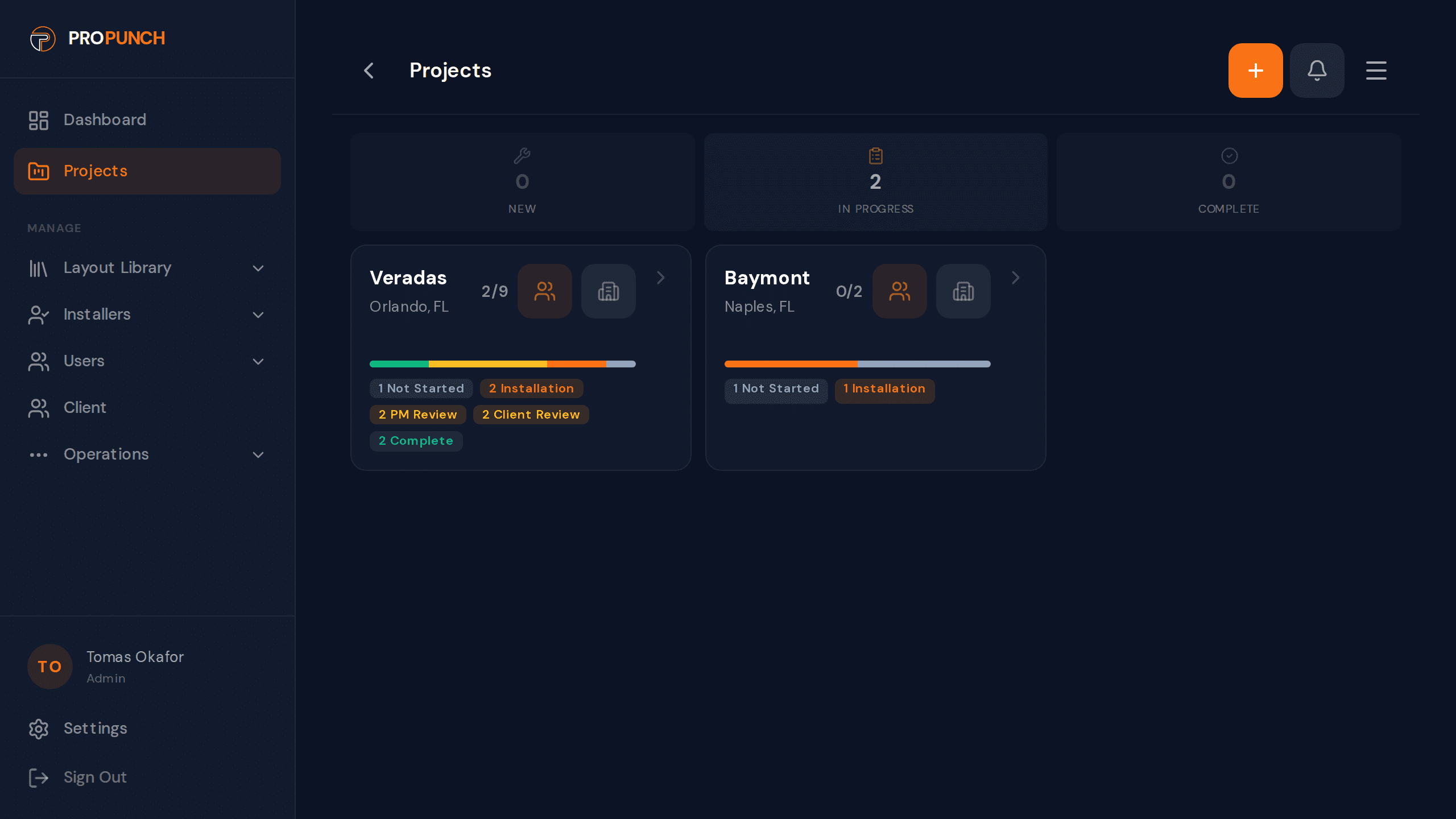 Projects list showing status counts, completion progress, and project details
