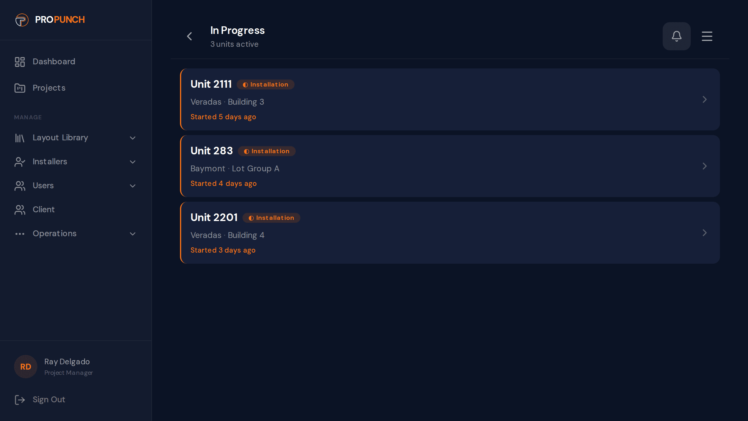 Units in progress showing installer assignments and completion status